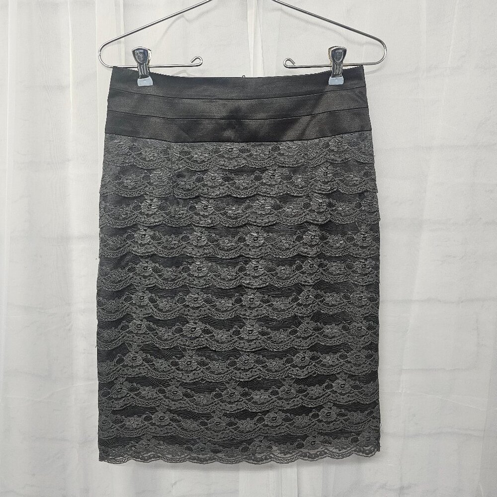 H&M Pencil Skirt Lace Fairy Goth Coquette Gray Black Satin 6